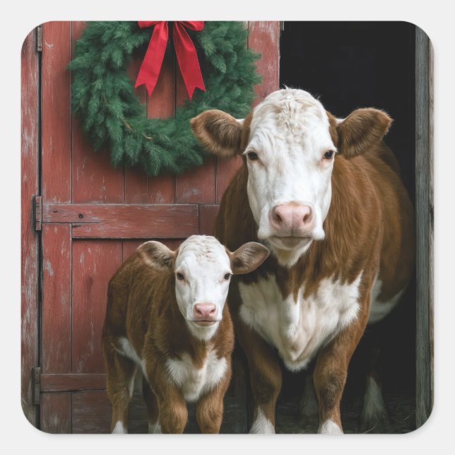 Christmas Hereford Cow and Calf Quadratischer Aufkleber (Vorderseite)