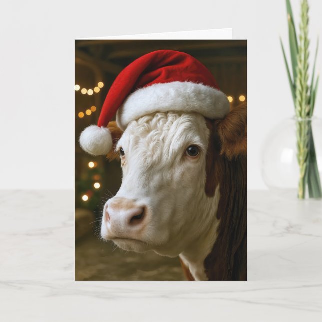 Christmas Hereford Cow Wearing a Santa Hat Karte (Vorderseite)