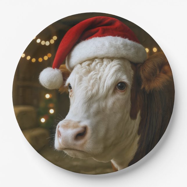 Christmas Hereford Cow Wearing a Santa Hat Pappteller (Vorderseite)