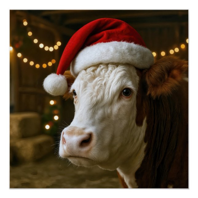 Christmas Hereford Cow Wearing a Santa Hat Poster (Vorderseite)