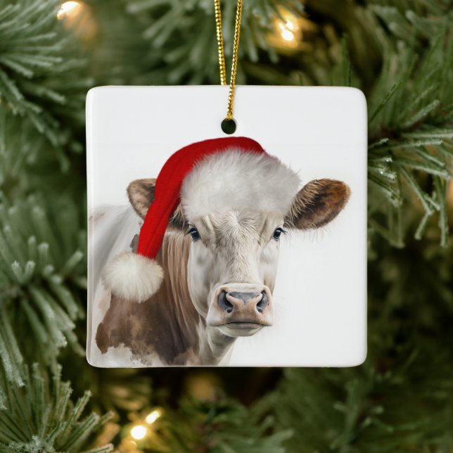 Christmas Hereford Cow With Santa Hat Keramikornament (Baum)