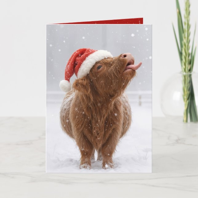 Christmas Highland Cow Catching Snowflakes Karte (Vorderseite)