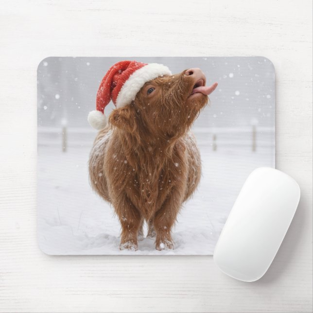 Christmas Highland Cow Catching Snowflakes Mousepad (Mit Mouse)