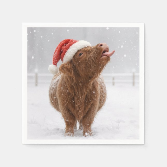 Christmas Highland Cow Catching Snowflakes Serviette (Vorderseite)