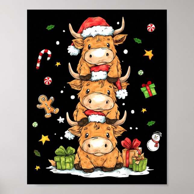 Christmas Highland Cow Cute Heifer Cow Santa Hat M Poster (Vorne)