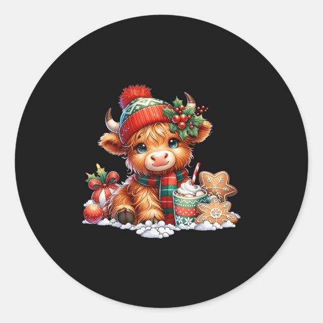 Christmas Highland Cow Cute Heifer Cow Santa Hat M Runder Aufkleber (Vorderseite)