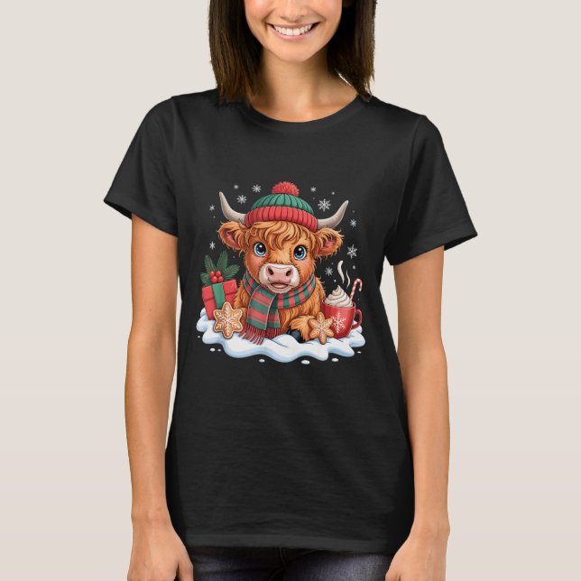 Christmas Highland Cow Cute Heifer Cow Santa Hat M T-Shirt (Vorderseite)