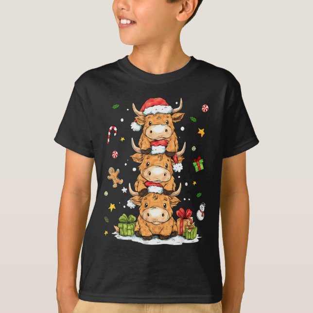Christmas Highland Cow Cute Heifer Cow Santa Hat M T-Shirt (Vorderseite)