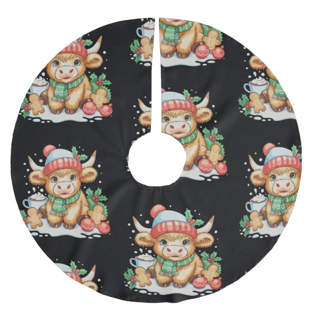 Christmas Highland Cow Cute Heifer Mooey Santa Hat Polyester Weihnachtsbaumdecke (Vorderseite)