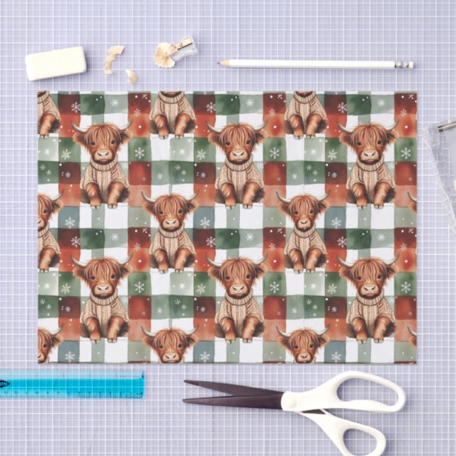Christmas Highland Cow Sweater Festive Red Green Seidenpapier (Handwerk)