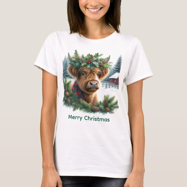 Christmas Highland Cow with Pine  T-Shirt (Vorderseite)