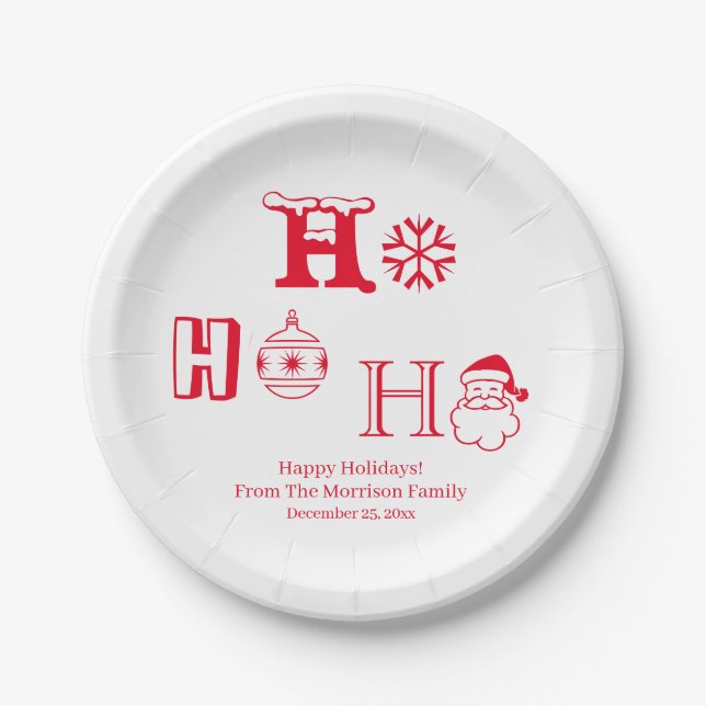 Christmas Ho Ho Ho Red custom name date cute Pappteller (Vorderseite)