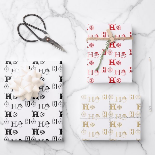 Christmas Ho Ho Ho Rot-Gold Schwarz niedlich Geschenkpapier Set (Vorderseite)