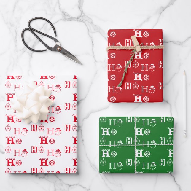Christmas Ho Ho Ho Rot-Grün-Muster niedlich Geschenkpapier Set (Vorderseite)