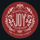 CHRISTMAS HOLIDAY CHALK ART ORNAMENT STICKERS<br><div class="desc">WÜNSCHEN SIE SICH UND GLÜCKLICH: Helle und fröhliche Kalkboard-Stil Weihnachtsschmuck mit Retro-Banner, Vintage rot-weiß Typografie, und extravagante Wirbel. Personalisieren Sie dieses dekorative ROUND-Label mit Ihrem Familiennamen oder Ihren persönlichen Gruß. Perfekt zum Abdichten von Umschlägen oder als Geschenketiketten. Moderne, klassische, moderne und stilvolle Art und Weise, um angesagte, fröhliche Winterurlaub Wünsche...</div>