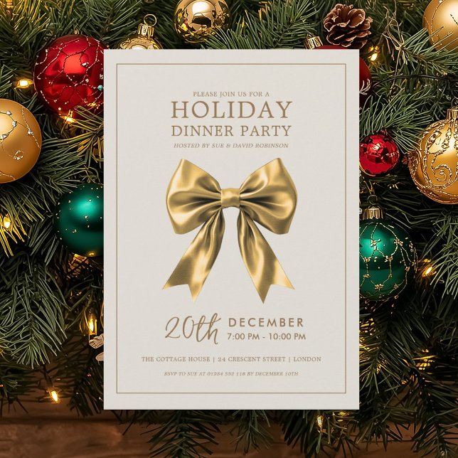 Christmas Holiday Dinner Party Gold Satin Bow Einladung (Christmas Holiday Dinner Party Gold Satin Bow Invitation)