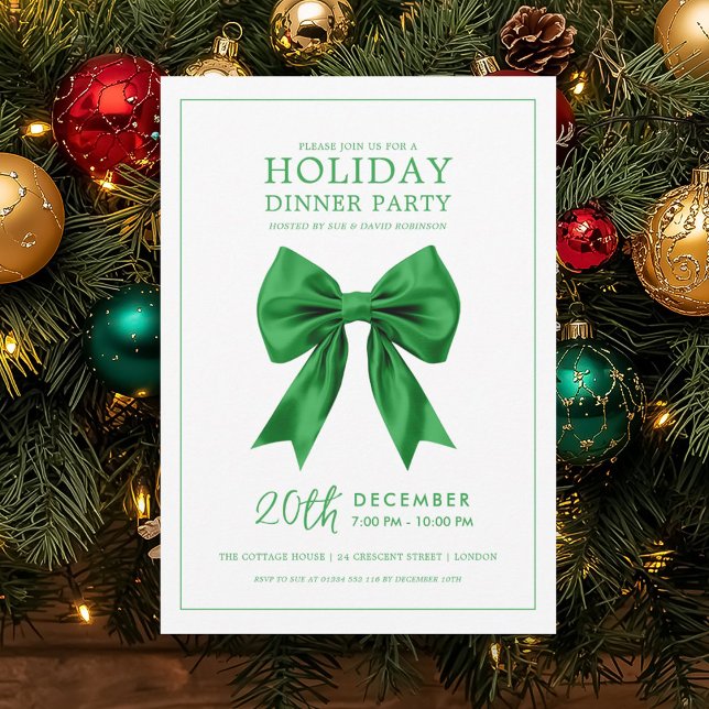 Christmas Holiday Dinner Party Green Satin Bow Einladung (Christmas Holiday Dinner Party Green Satin Bow Invitation)