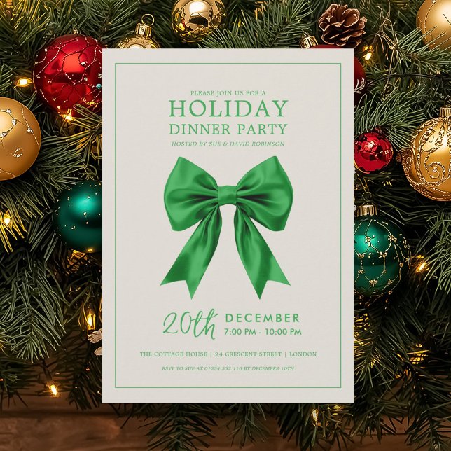 Christmas Holiday Dinner Party Green Satin Bow Einladung (Christmas Holiday Dinner Party Green Satin Bow Invitation)