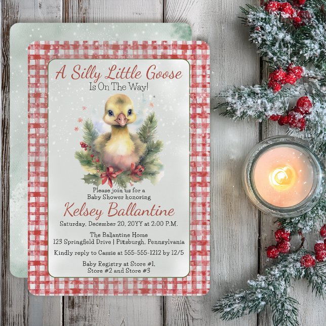 Christmas Holiday Goose Gosling Baby Shower Einladung (Cute Christmas Holiday Goose Gosling "A Silly Little Goose" Gingham Checks Baby Shower Invitation)