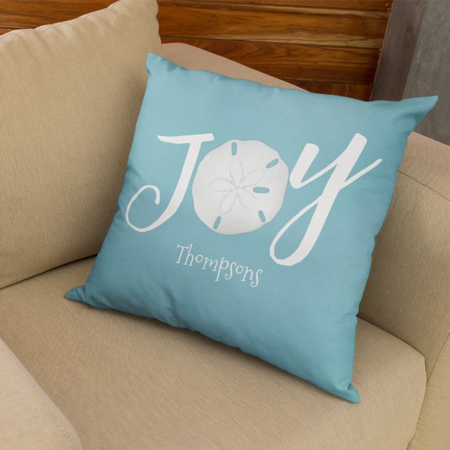 Christmas Holiday Joy Beach Turquoise Coastal  Kissen (Christmas Holiday Joy typography custom throw pillow.)
