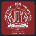 CHRISTMAS HOLIDAY JOY CHALKBOARD ADRESSE STICKERS<br><div class="desc">FREUEN SIE SICH: Helle und fröhliche kalkförmige Weihnachtsschalkpappe mit Retro-Banner, Vintager rot-weißer Typografie und extravaganten Wirbel. Personalisieren Sie diesen dekorativen SQUARE-Aufkleber als Rücksendeaufkleber mit Ihrem Familiennamen oder Ihrer persönlichen Nachricht. Perfekte Dekoration zum Siegel aller Ihrer Grußkarten-Umschläge. Zeitgenössische, klassische, moderne und stilvolle Art und Weise zu schicken angesagte fröhliche Winterurlaub Grüße...</div>