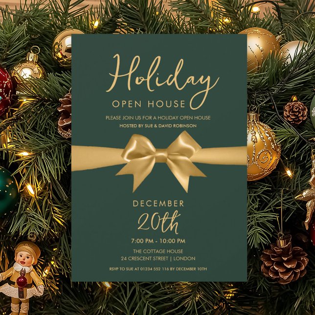 Christmas Holiday Open House Gold Bow Green  Einladung (Christmas Holiday Open House Gold Bow Green Invitation)
