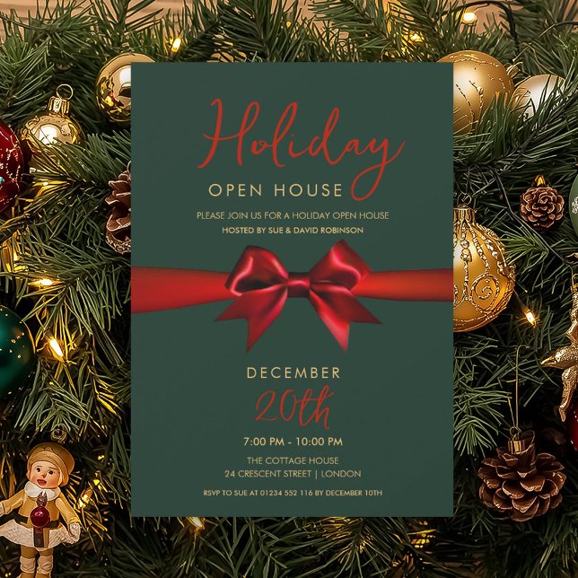 Christmas Holiday Open House Red Bow Green  Einladung (Christmas Holiday Open House Red Bow Green Invitation)