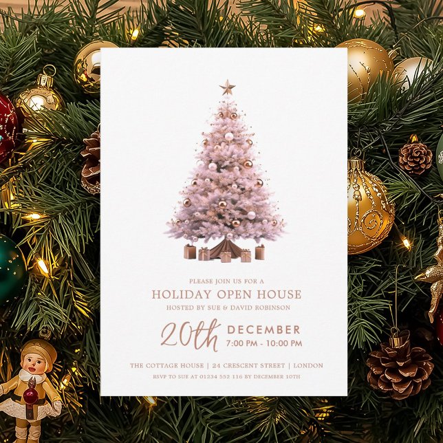 Christmas Holiday Open House Rose Gold Xmas Tree  Einladung (Christmas Holiday Open House Rose Gold Xmas Tree Invitation)