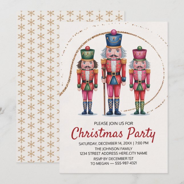 Christmas Holiday Party Nutcracker Gold Glitter    Einladung (Vorne/Hinten)