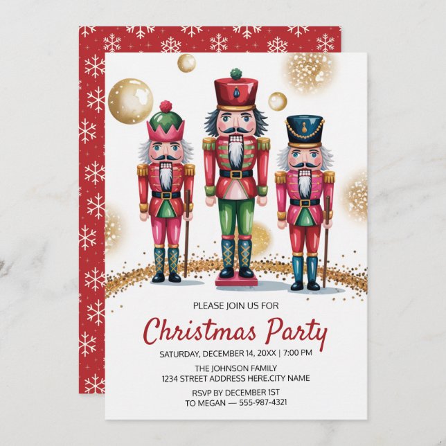 Christmas Holiday Party Nutcracker Gold Glitter    Einladung (Vorne/Hinten)
