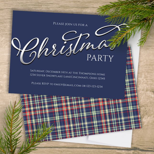Christmas Holiday Simple Navy Blue Winter Plaid Einladung (Merry Christmas holiday festive navy blue plaid background with stylish calligraphy script. )