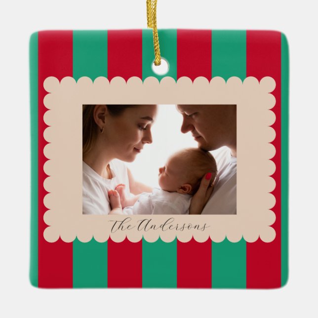 Christmas Holiday Striped Custom Photograph Modern Keramikornament (Vorderseite)