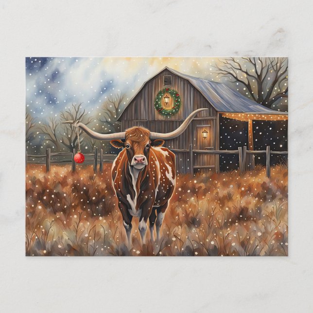 Christmas Holidays Longhorn Cow Cute Country Postkarte (Vorderseite)