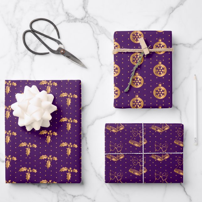 Christmas Holly, Baubles und Holly auf Lila Geschenkpapier Set (Vorderseite)