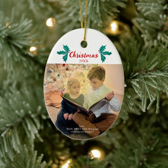 Christmas Holly Berries Custom Family Foto Keramik Ornament (Baum)