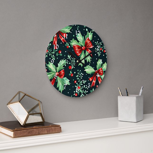 Christmas Holly Berry Pattern Große Wanduhr (Büro)