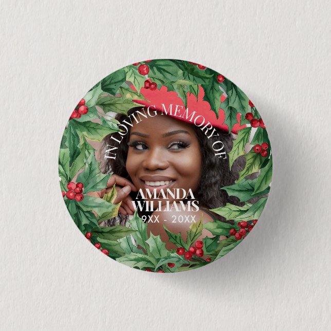 Christmas Holly Berry Personalized Photo Memorial Button (Vorderseite)