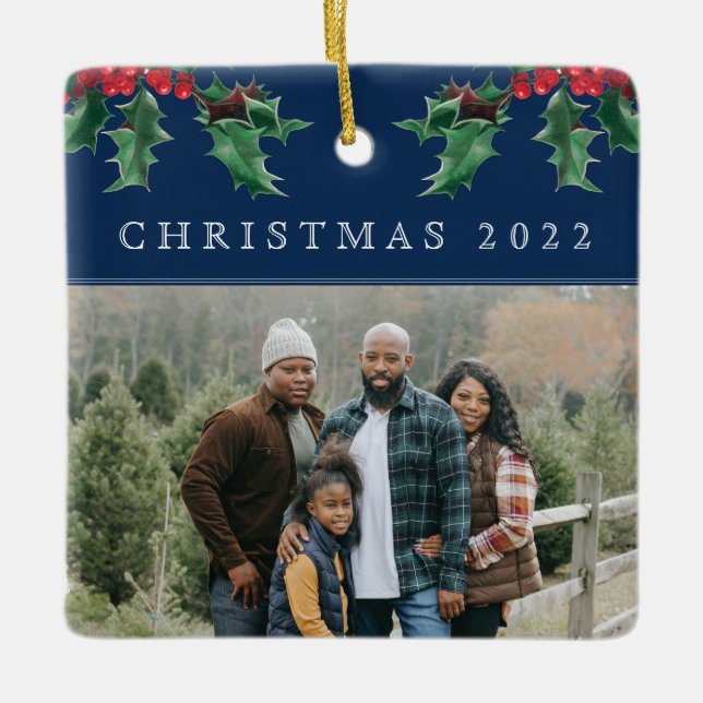 Christmas Holly Berry Simple Custom Foto Blue Keramikornament (Vorderseite)