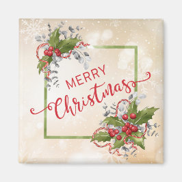 Christmas Holly Branch Square Magnet