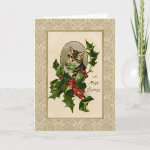 Christmas Holly Cat Vintag Reproduction Karte