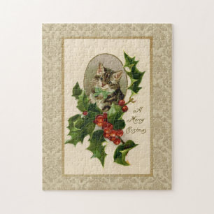 Christmas Holly Cat Vintag Reproduction Puzzle