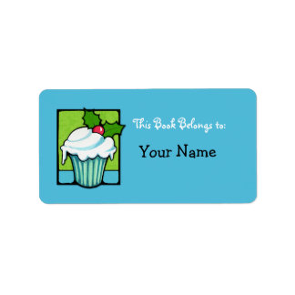 Christmas Holly Cupcake Blue Buchzeichen Label Adressaufkleber