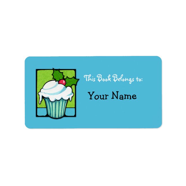 Christmas Holly Cupcake Blue Buchzeichen Label Adressaufkleber (Vorne)