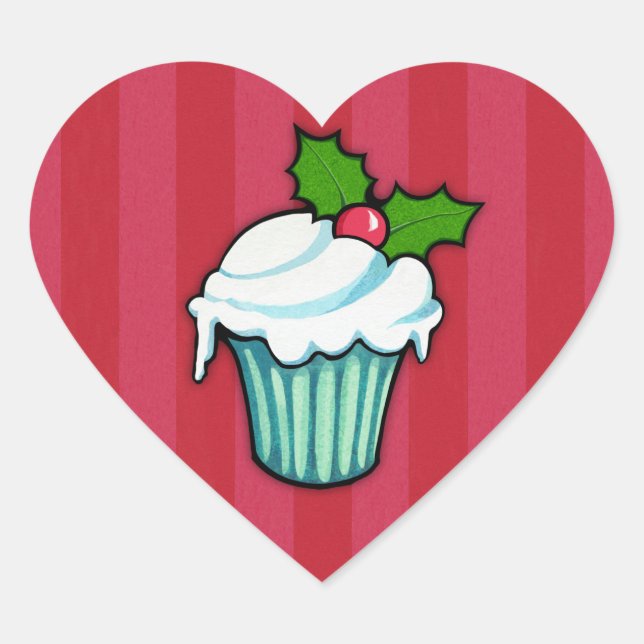 Christmas Holly Cupcake Red Heart Sticker (Vorderseite)