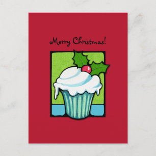 Christmas Holly Cupcake red Postcard Feiertagspostkarte