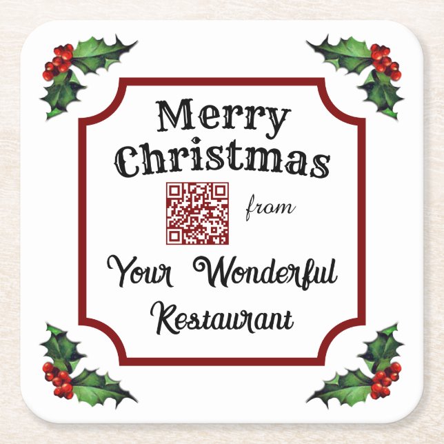 Christmas Holly Custom QR Code Restaurant Rechteckiger Pappuntersetzer (Vorderseite)