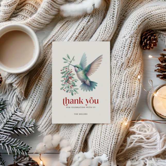 Christmas Holly Hummingbird Thank You Typography Dankeskarte (Von Creator hochgeladen)