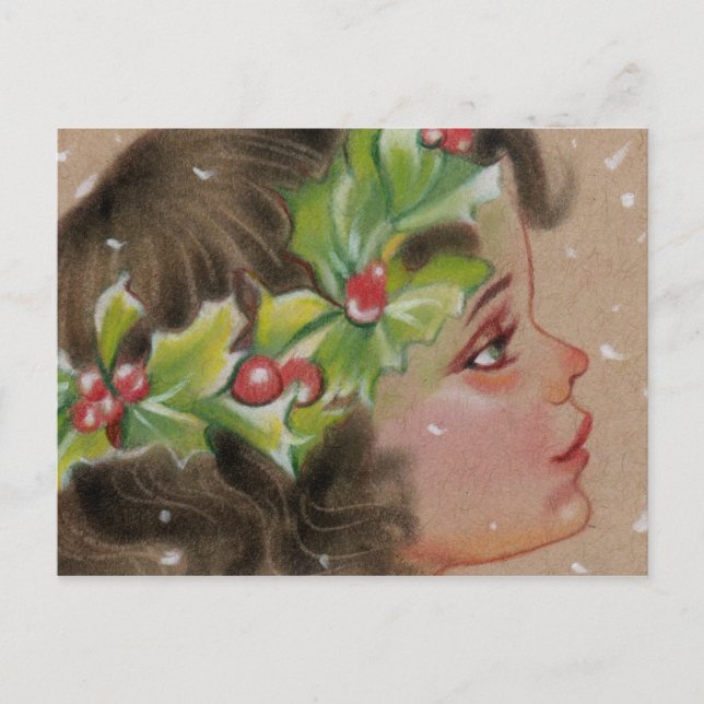 Christmas Holly Ivy Girl Postcard Feiertagspostkarte (Vorderseite)