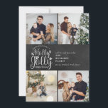 Christmas Holly Jolly Chalkboard 4 Foto Collage Feiertagskarte<br><div class="desc">Ein elegantes Holly Jolly 4 Foto Collage Urlaubsplanung für Sie,  um mit Ihren Lieblings-Fotos,  Botschaften,  Namen und Jahr auf einem Chalkboard-Hintergrund zu personalisieren. Auf der Rückseite sind fallende Schneeflocken auf einem passenden Chalkboard-Hintergrund zu sehen. Entwickelt von Thisisnotme©</div>