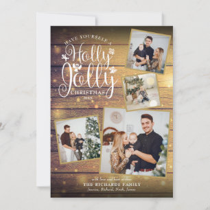 Christmas Holly Jolly Foto Collage Rustic Wood Feiertagskarte